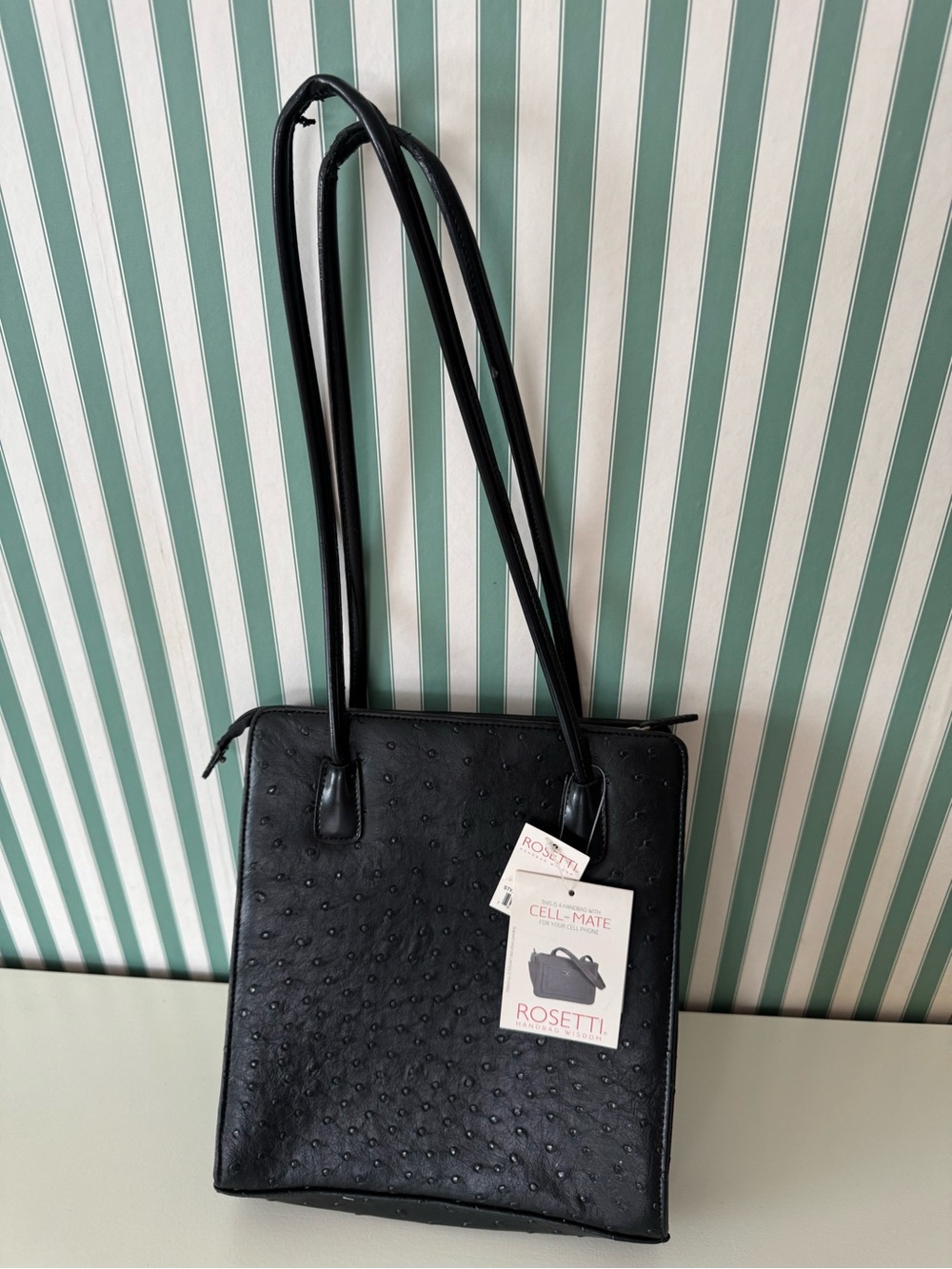 Rosetti Black Faux-Ostrich Tote with Long Shoulder Straps